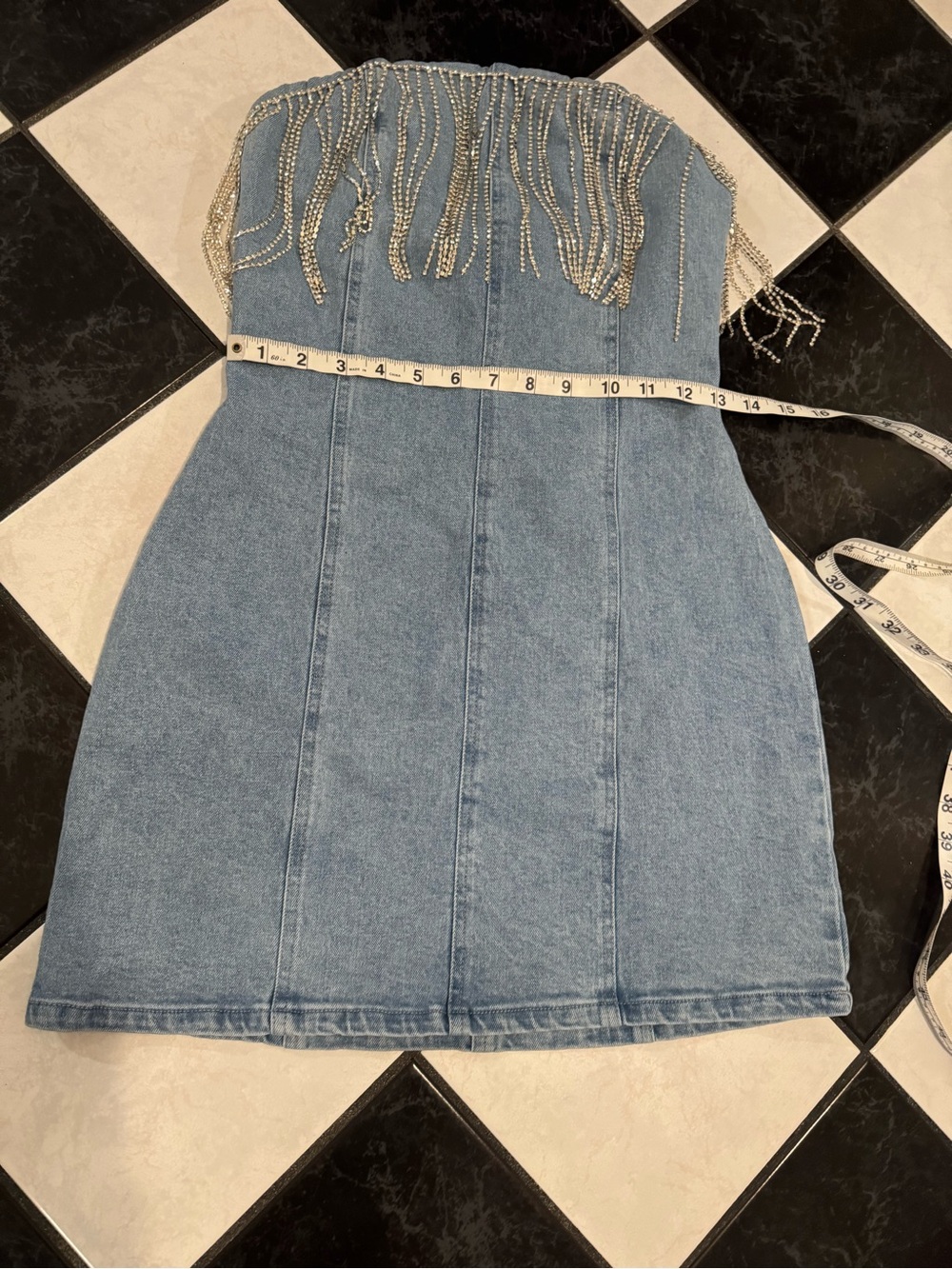 12th Tribe Denim Mini Dress with Rhinestone Fringe - Picture 3 of 7
